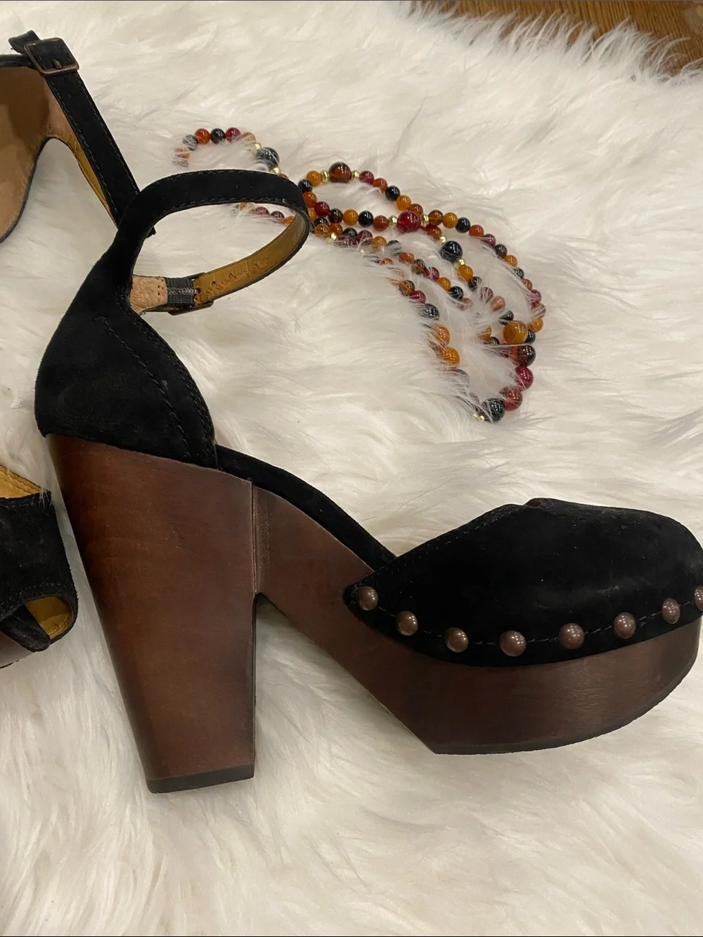 Black Suede Studded Platform Ankle-Strap Heels